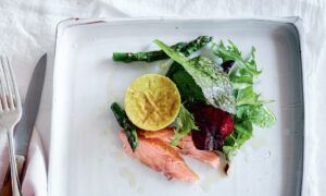 Asparagus savoury baked custards with hot smoked salmon salad